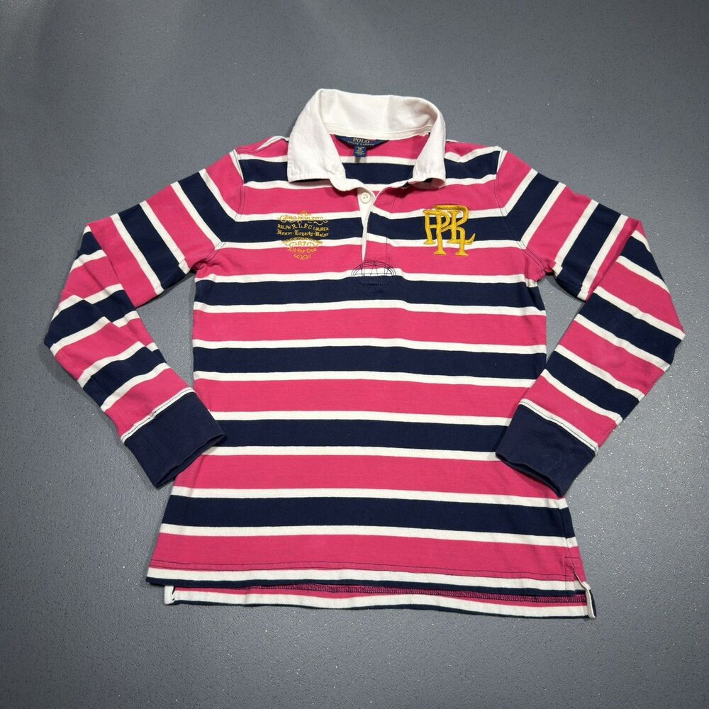 Polo Ralph Lauren Rugby Shirt Youth XL 16 Pink Navy Striped Embroidered PRL